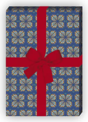Produktbild von Elegantes grafische Geschenkpapier mit Blüten auf blau - G7599, 32 x 48cm