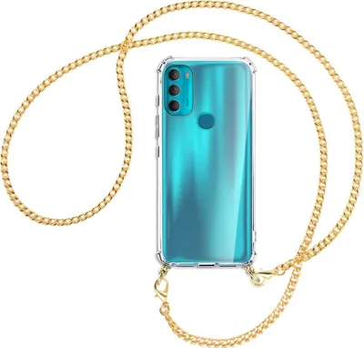 Produktbild von Handykette Backcover-Schutzhülle mit Band (Metall goldfarben) für Motorola Moto G71 5G - goldfarbene Kette
