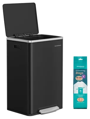 Immagine prodotto di SONGMICS, bidone per rifiuti da 50 litri, in acciaio, con coperchio, sistema di chiusura ammortizzata, 15 sacchi per rifiuti – colore nero inchiostro