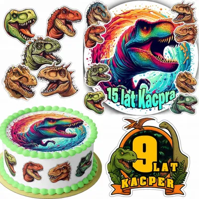 Zdjęcie produktu dla Zestaw Opłatek Na Tort 20Cm + 16 Postaci - Dino Dinozaur + Imię 15Cm 18Cm