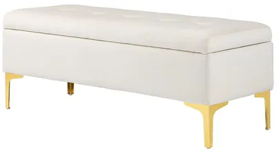 Productafbeelding van HOMCOM Zitbank met opbergruimte, gestoffeerde bank met fluweleffect, metalen poten, beige