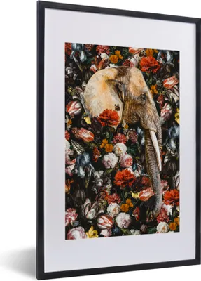 Produktbild von MuchoWow® MuchoWow® Gerahmtes Poster Elefant - Blumen - Illustration 40x60 cm - Poster mit zchwarzem Bilderrahmen - Poster in Rahmen