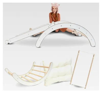 Produktbild von Klettergerüst Indoor 3 in 1 Set. Montessori Kletterbogen mit Kissen, Indoor Spielplatz und Rutsche