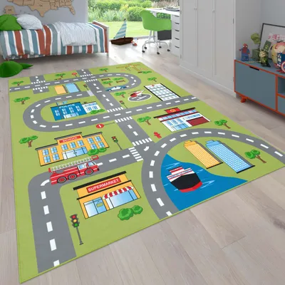 Produktbild von Kinderteppich waschmaschinenwaschbar Stadtverkehrs Kinderzimmer schmutzabweisend Grün Rechteckig 120x160 | 100% Polyester | pflegeleicht