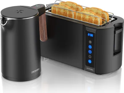 Produktbild von Arendo Frühstücks-Set Edelstahl, Wasserkocher mit Temperatureinstellung 1,5l, 4 Scheiben Langschlitztoaster, 4 Scheiben Toaster, Brötchenaufsatz, Touch, Cool Grey