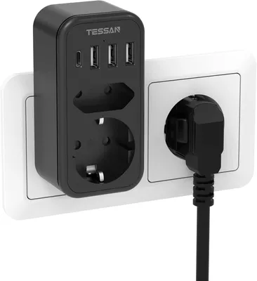 Produktbild von TESSAN Doppelstecker für Steckdose USB C Mehrfachsteckdose Steckdosenadapter 2Fach mit 4 USB Netzstecker 3600W Schwarz