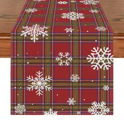 Zdjęcie produktu dla Bieżnik świąteczny, 40 x 140 cm, czerwony, z motywem płatków śniegu, wykonany z poliestru