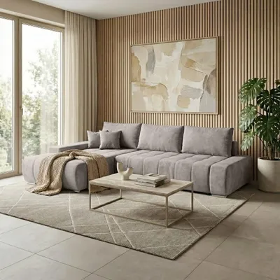 Produktbild von Beautysofa DRACO L Ecksofa mit Schlaffunktion & Bettkasten 267 cm - Schlafsofa, Bettsofa, Couch L-Form, Seitenausführung Links – Grau Velo 624