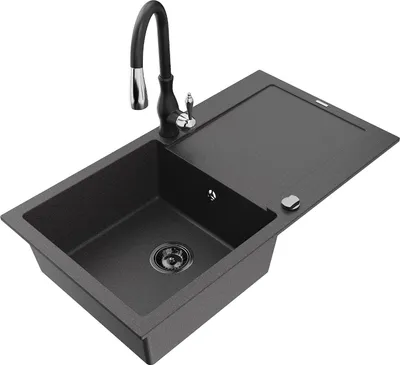 Produktbild von Mexen Leo 1 Becken-Granitspüle mit Abtropffläche und Mischbatterie Savita, Schwarz gesprenkelt - 6501-76-672601-70-B