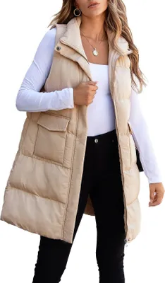 Produktbild von ASKSA Damen Weste aermellose Daunenweste Winter Lange Steppweste Warm Leichte Outdoor Loose Winterjacke Laessig Mantel (Aprikose,2XL)