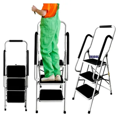 Produktbild von Klappbare Trittleiter mit 3 Stufen und Haltegriff, Leiter mit rutschfesten Stufen, platzsparend, bis 150 kg belastbar, aus Stahl für Haushalt, Garten und DIY