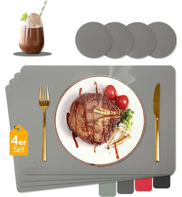 Immagine prodotto di Set di 4 tovagliette lavabili e resistenti al calore, in ecopelle, colore grigio chiaro, dimensioni 43x30 cm, inclusi sottobicchieri