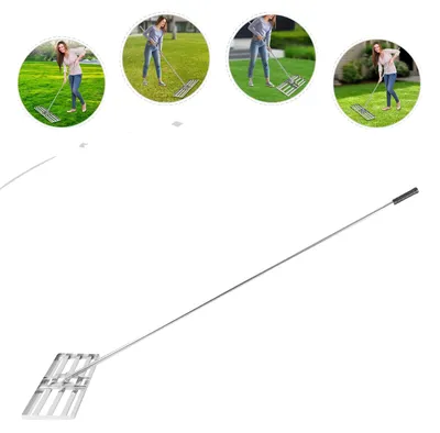 Obrázok produktu pre Hrablice na trávnik, nerezová oceľ, nastaviteľná rukoväť 50–180 cm, rozmery 29,52 x 9,84 palca, ľahká konštrukcia, vhodné na údržbu trávnika