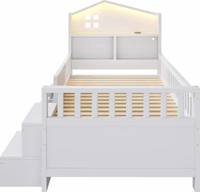 Produktbild von Merax Kinderbett Hausbett 90x200cm mit LED und 4 Schubladen, Massivholzbett mit Lattenrost und Sicherheitsgitter, Einzelbett mit Treppe und USB, Weiß