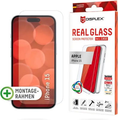 Produktbild von Displex Panzerglas (10H) + Schutzhülle für Apple iPhone 15, Eco-Montagerahmen, Case, Tempered Glas, kratzer-resistente Schutzfolie