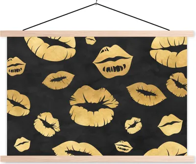 Produktbild von MuchoWow® Textilposter Muster - Kuss - Gold - Schwarz 120x80 cm mit holzfarbenen Rahmen - Aufhängeset
