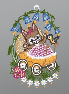 Produktbild von Fensterbild aus Plauener Spitze - Hasenbaby im Kinderwagen  (Bx H) 15cm * 24cm mehrfarbig Fensterdekoration Fensterschmuck