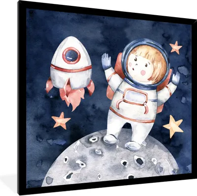 Produktbild von MuchoWow® Gerahmtes Poster Weltraum - Rakete - Mond - Jungen - Mädchen - Kinder 40x40 cm - Poster mit Schwarzem Bilderrahmen Wandposter Rahmen Foto Bilder - Mit Rahmen - Wanddekoration Schlafzimmer