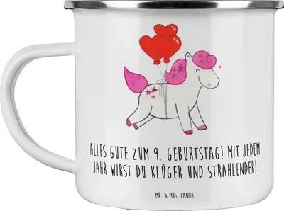 Produktbild von Mr. & Mrs. Panda Pott 9. Geburtstag Wünsche - Weiß - Geschenk, 9 Jahre, Alter, Tasse Emaille, Kindergeburtstag, Happy Birthday, Freude, Glückwünsche, Campingbecher