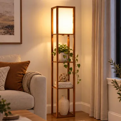 Obrázek produktu pro Dřevěná stojací lampa s LED žárovkou E27, vhodná do obývacího pokoje, ložnice, pracovny nebo kanceláře. Slouží jako stojací lampa, lampa na čtení a může být použita jako regál