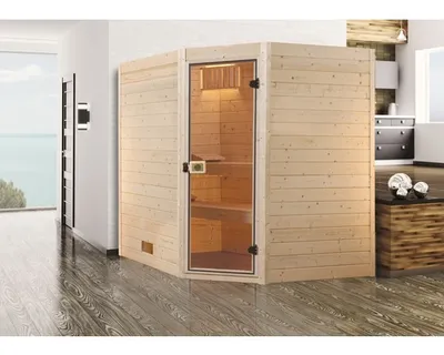 Produktbild von Massivholzsauna Weka Valida Eck GT Gr.3 inkl. 9 kW Ofen u.integr.Steuerung mit Ganzglastüre aus Klarglas