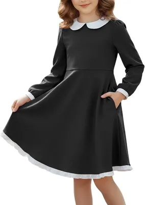Produktbild von Elegantes Mädchenkleid im Stil eines Skaterkleides mit langen Ärmeln und Peter-Pan-Kragen, geeignet für Halloween und Weihnachten, mit Taschen, für Kinder im Alter von 4-12 Jahren