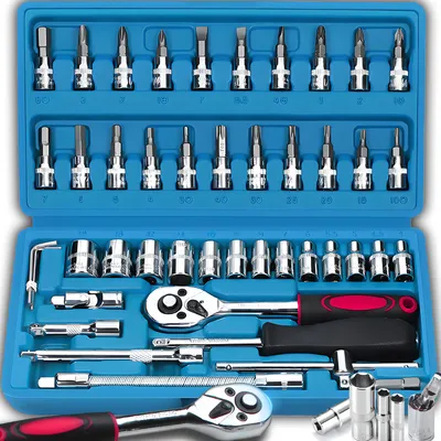 Produktbild von Steckschlüssel Satz 46 Schraubenschlüssel und Stecknüsse Werkzeugkoffer Steckschlüsselsatz 46 tlgRatschen Zubehör Schrauber Bit Set Schwarz Retoo