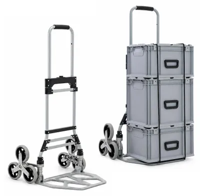 Produktbild von Klappbare Alu-Treppensackkarre ELEPHANT | Traglast 150kg | HxBxT 112x49x58cm | Aluminiumrahmen, ergonomische Griffe, pannensichere Vollgummibereifung | Silber | Treppensteiger Transportkarre Staplerkarre