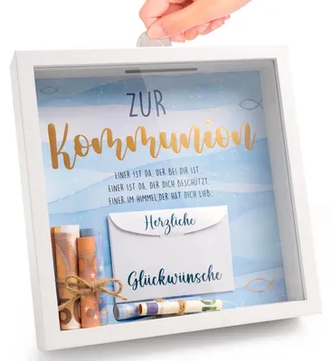 Produktbild von Geschenke zur Erstkommunion (Jungen und Mädchen), Verpackung für Geldgeschenke zur Erstkommunion, Bilderrahmen für Geldgeschenke zur Firmung, personalisiertes Sparschwein zur Taufe, inklusive Einlage und Umschlag (blau)