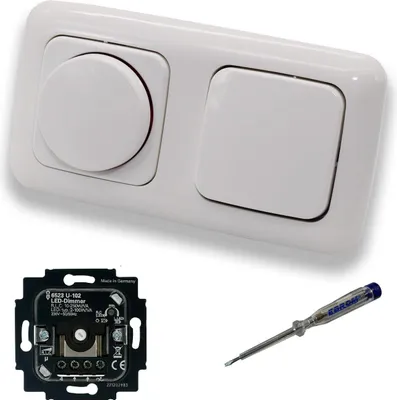 Produktbild von Busch Jäger 6523U-102 LED Drehdimmer Dimmer + Dimmerscheibe 2115-214 und Lichtschalter 2000/6 US in Reflex Si alpinweiß glänzend inklusive EBROM Phasenprüfer zur Montage der Geräte 6523 U – 102