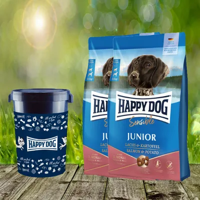 Produktbild von Happy Dog Sensible Junior - Huhn, Lachs & Kartoffel - Glutenfreie Vollnahrung für sensible Junghunde - 2 x 10 kg + Futtertonne 43 Liter