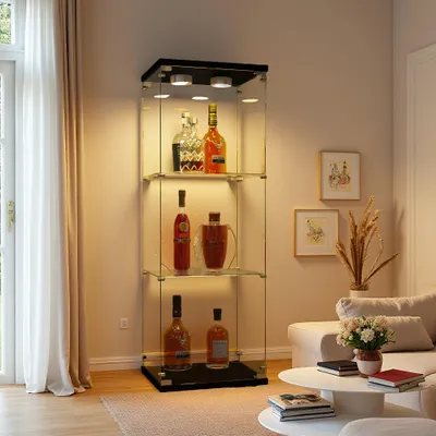 Obrázok produktu pre INONEFT Sklenené vitríny s LED osvetlením a zámkom, stojaca vitrína s 3 policami z tvrdeného skla, moderná vitrína do obývačky alebo kancelárie, čierna, 42 × 36 × 125 cm