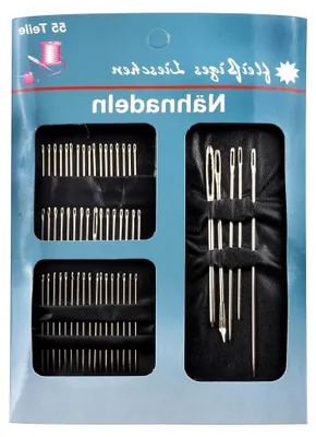 Produktbild von Nähnadeln Set 55-teilig auf Karte - Verschiedene Nadeln wie Stopfnadel, Sacknadel, Chenillenadel, Applikationsnadel - Aus Metall