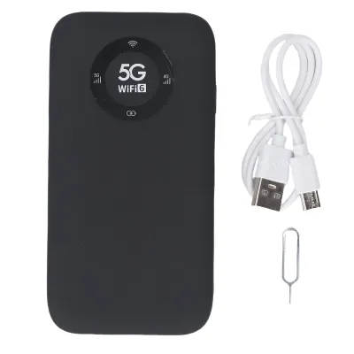 A black 5G mobile hotspot WiFi 6 device with a USB charging cable and a SIM ejector tool, presented on a white background.