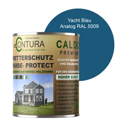 Produktbild von Contura 500ml Wetterschutzfarbe Holz Dauerschutzfarbe Deckend Buntlack Holzfarbe Holzlasur Seidenmatt - Yacht Blau - RAL 5009 Analog