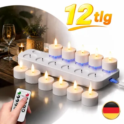 Productafbeelding van 12 LED-kaarsen, oplaadbaar, met afstandsbediening, flikkerend effect, dimbaar, timerfunctie