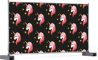 Produktbild von Wallario XXL Outdoor-Poster für Garten oder Balkon, Motiv Einhorn Muster - Süße rosa Einhörner mit Sternen, in ca. 340 x 173 cm