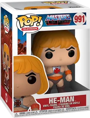 A Funko Pop! vinyl figure of He-Man from Masters of the Universe, displayed in its original packaging.