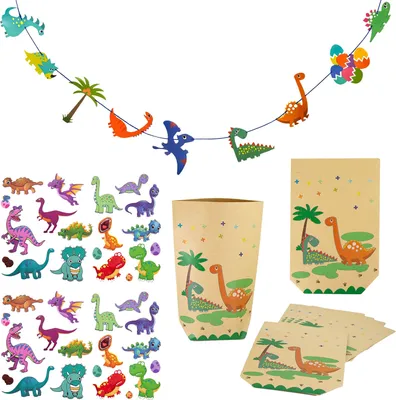 Produktbild von Oblique Unique Dino Party Kinder Geburtstag Deko Set - Girlande + Temporäre Tattoos + Geschenktüten - für Jungs