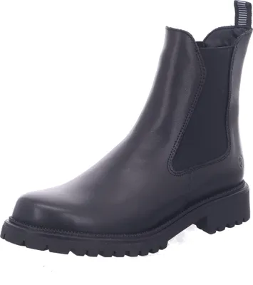 A black leather Chelsea boot is shown against a white background.