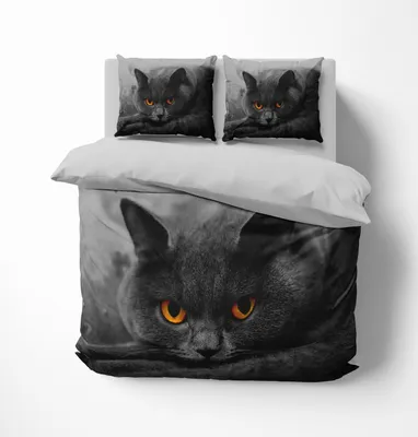 Produktbild von FEBE 3D Bettwäsche Schwarze Katze Bettbezug-Set 135x200 + Kissenbezug 80x80 cm Katzen Wendebettwäsche 2 Teilig Schwarz Grau mit Reißveschluss