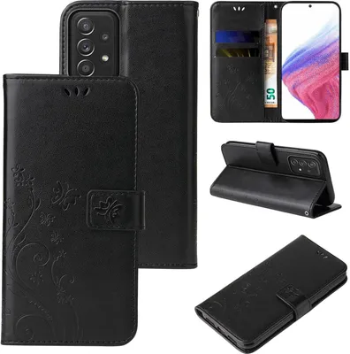 A collage of images showing a black floral flip phone case for a Samsung Galaxy A53 5G.