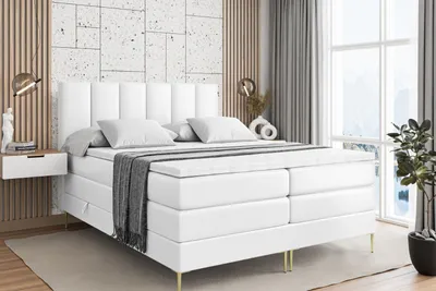 Produktbild von ALTDECOR Boxspringbett mit Gold Füßen, Matratze und Lattenrost, Topper, Polsterbett mit Bettkasten, Bett mit Stauraum H3- und H4- Matratze, Doppelbett -BOXI1-FZ KING-140x200 - Weiß Kunstleder