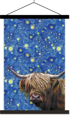 Produktbild von MuchoWow® Textilposter Van Gogh - Schottisches Hochlandrind - Sternennacht 40x60 cm mit schwarzem Rahmen - Wanddekorationen
