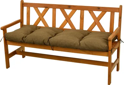 A wooden garden bench with a brown cushion.