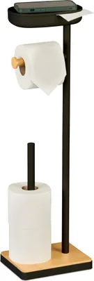 Image de Porte-papier hygiénique sur pied Relaxdays, avec compartiment, dimensions : 68 x 20,5 x 16 cm, porte-rouleaux de papier hygiénique avec compartiment pour rouleaux de réserve, noir/naturel