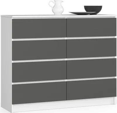 A white and gray dresser with eight drawers is shown against a white background.