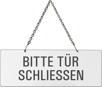 Produktbild von Hängeschild Bitte-Tür-schliessen | Material Melamin  weiß | Metallkette | Text einseitig | Format 175x65 mm