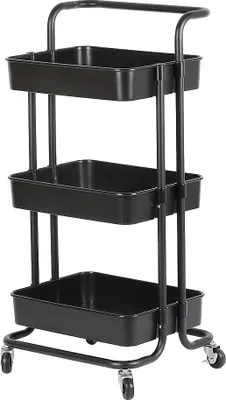 A three-tier black metal rolling cart.
