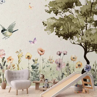 Produktbild von Vlies Fototapete - Spring Meadow - a Clearing With Flowers Painted in Watercolours 350x245 cm Für Kinder e-C-10082-a-a